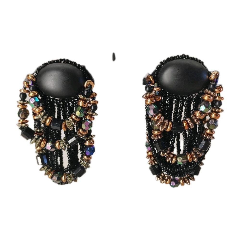 Vintage 70s Womens Cluster Dangle Beaded Black Cab Clip On Earrings Statement